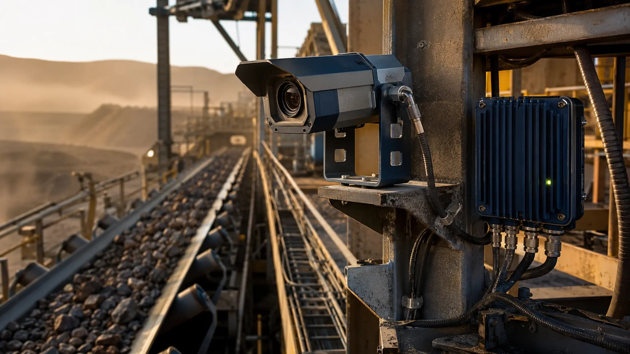 Câmera industrial e unidade de processamento Edge instaladas junto a uma correia de mineração