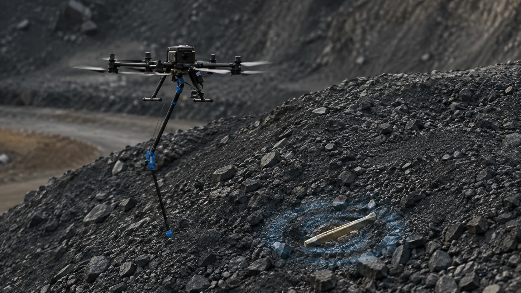 Drone industrial inspecionando uma pilha de minério para detectar objetos metálicos