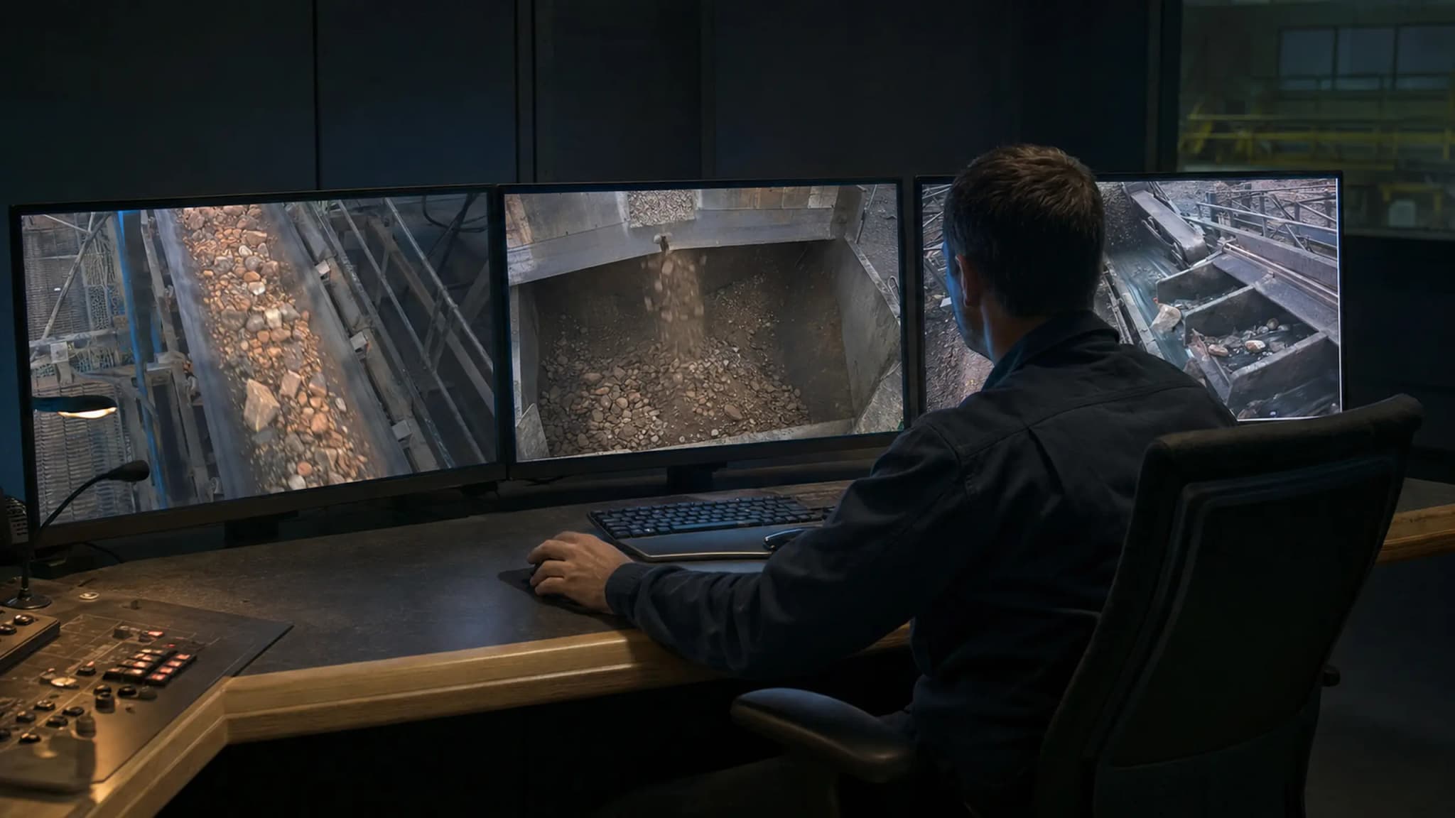 Operador revisando câmeras e eventos em uma sala de controle de mineração