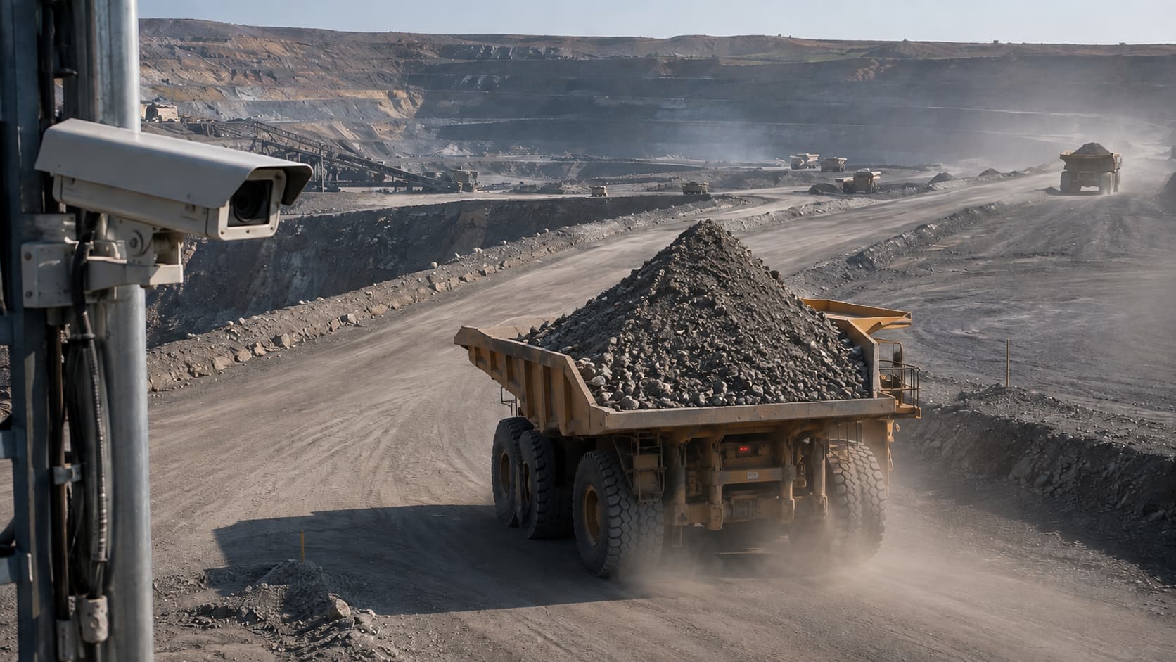 Caminhão de mineração descarregando material sob observação de um sistema de visão